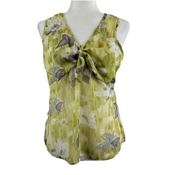 Vintage Y2K First Time Green Floral Sleeveless Blouse Medium Sheer Tie Bodice - Picture 1 of 12